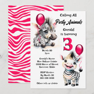 Invitación Selva de cebra safari tema rayas negras rosadas ni