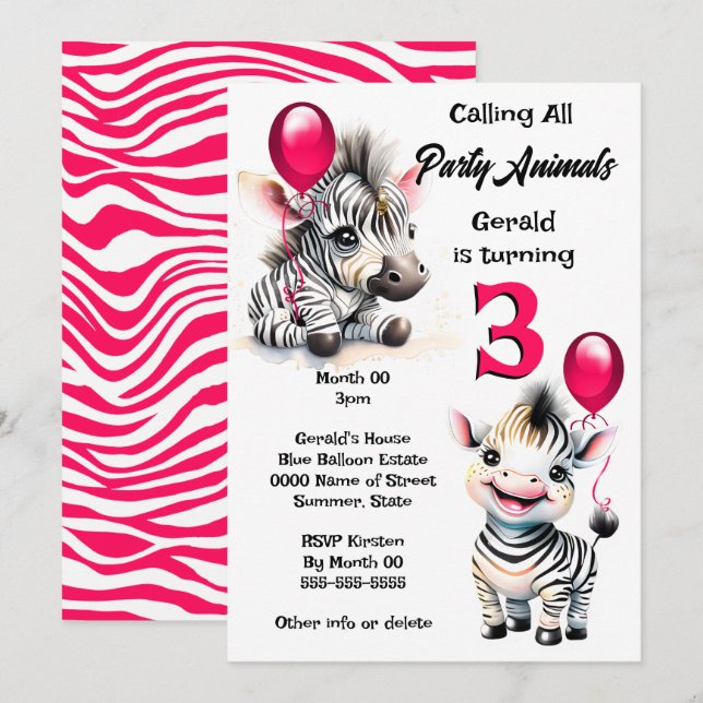Invitación Selva de cebra safari tema rayas negras rosadas ni (Anverso / Reverso)