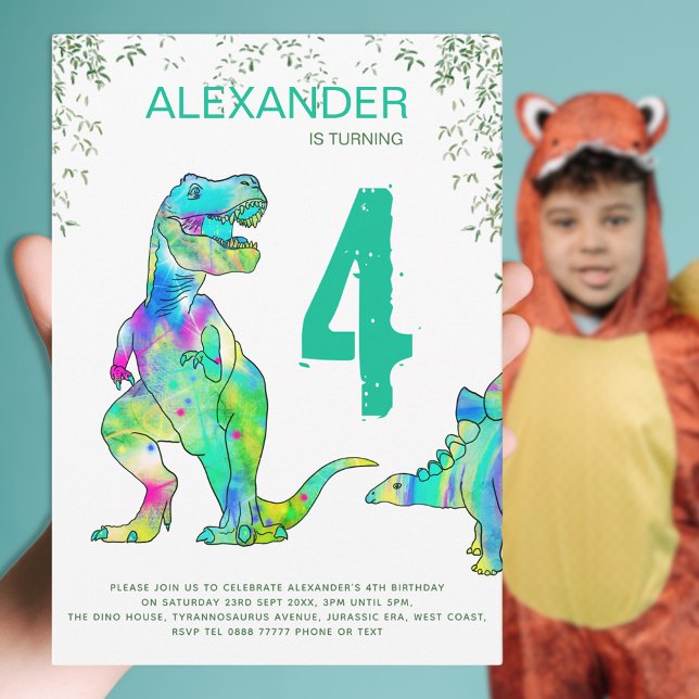 Invitación Selva de dinosaurios cuarto Fiesta de cumpleaños (Dinosaur T-Rex 4th birthday party party colorful dino Jurassic jungle watercolor green and blue)