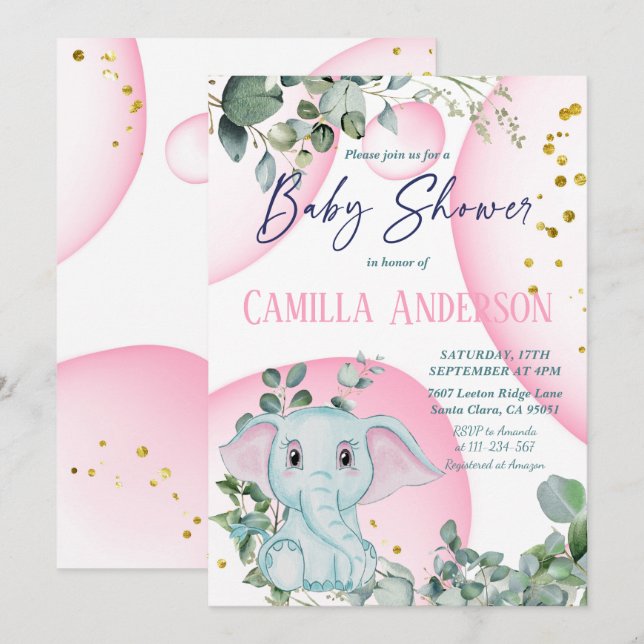 Invitación Selva de Elefante Cute Safari Jungle Burbujas rosa (Anverso / Reverso)