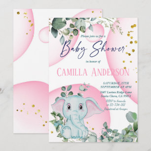 Invitación Selva de Elefante Cute Safari Jungle Burbujas rosa