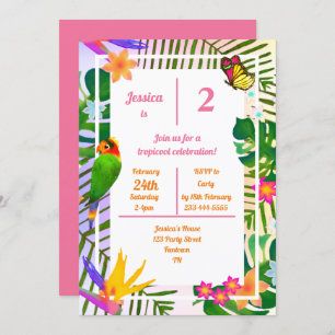 Invitación Selva de loro rosado tropical de segundo cumpleaño