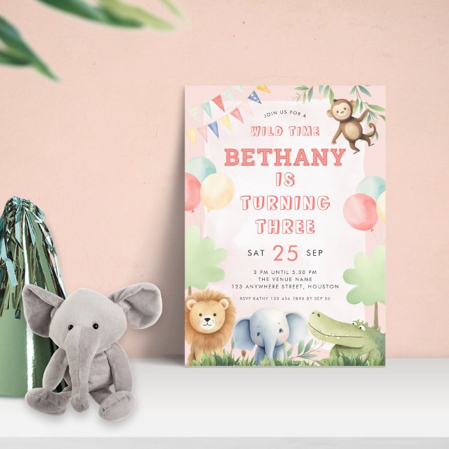 Invitación Selva de tiempo salvaje 3er cumpleaños Fiesta rosa (Subido por el creador)