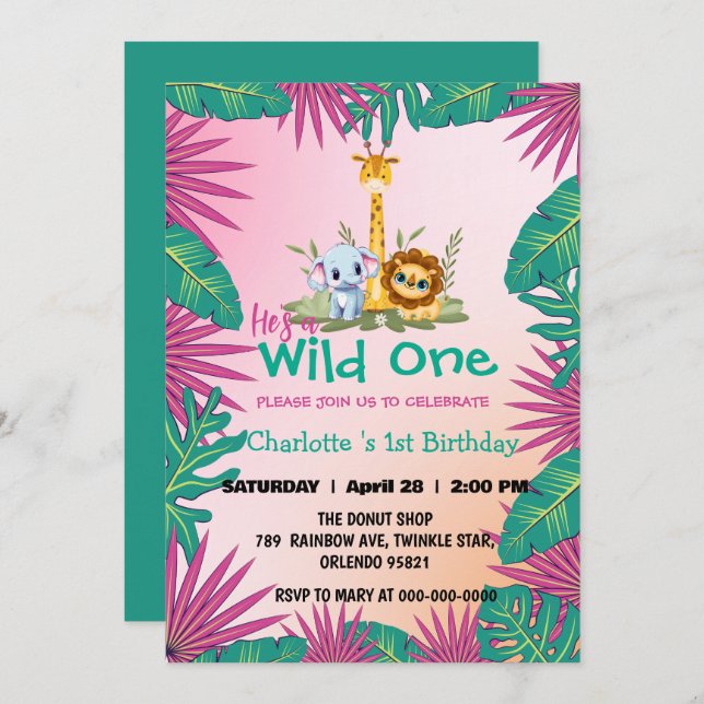 Invitación Selva de zoológico rosa 1.ᵉʳ chica de cumpleaños a (Anverso / Reverso)