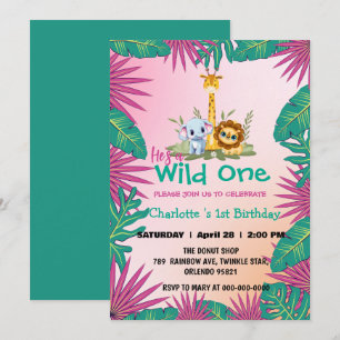 Invitación Selva de zoológico rosa 1.ᵉʳ chica de cumpleaños a