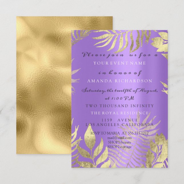 Invitación Selva Dorada Púrpura Elegante Nupcial Cumpleaños (Anverso / Reverso)