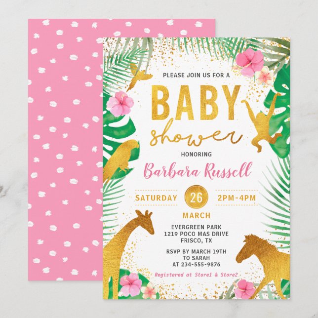 Invitación Selva floral rosa Animales Safari Chica Baby Showe (Anverso / Reverso)