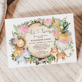 Invitación Selva floral rosa Safari Chica gemelo Baby Shower