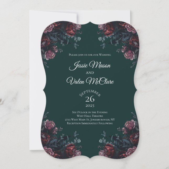 Invitación Selva Oscura Verde Elegante Boda Maroon Mauve (Anverso)