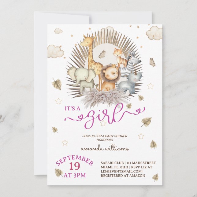 Invitación Selva Safari Animal Baby Shower (Anverso)