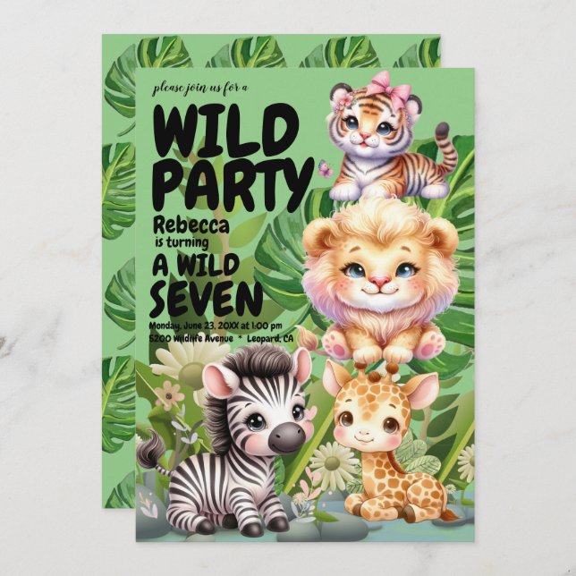 Invitación Selva Safari de la fiesta de cumpleaños salvaje (Anverso / Reverso)