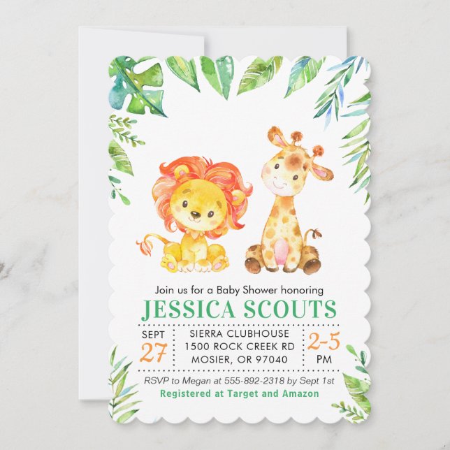 Invitación Selva Safari Green Baby Shower Sprinkle Lion (Anverso)