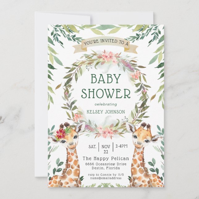 Invitación Selva Safari Greenery Giraffe Baby Shower (Anverso)