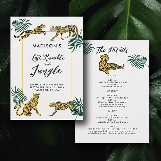 Invitación Selva Safari Leaf Cheetah Bachelorette Itinerary (safari jungle cheetah print last rumble bachelorette party itinerary invitation tropical leaf chic)