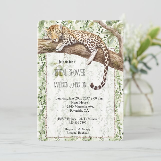 Invitación Selva silvestre Green Ivy Leopard Bridal Shower (Anverso de pie)