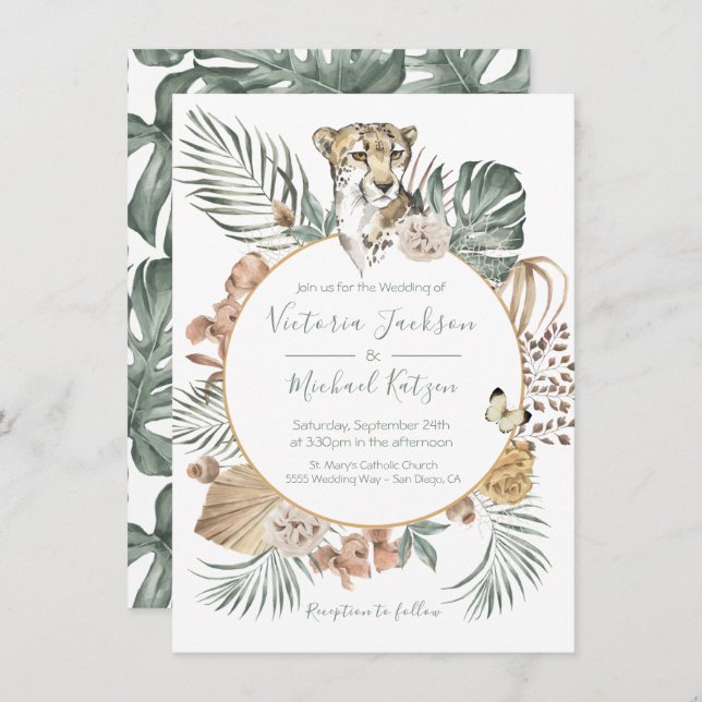 Invitación Selva tropical Cheetah Palm Wreath Boda (Anverso / Reverso)