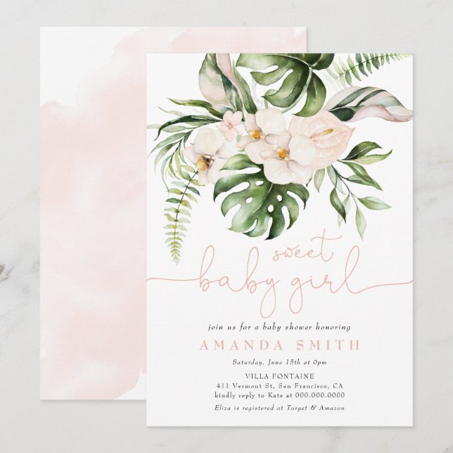 Invitación Selva verde Chica Floral rosa Baby Shower (Anverso / Reverso)