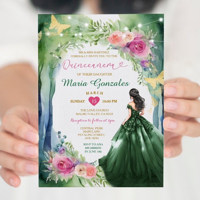 Invitación Selva verde esmeralda Vestido Floral rosa Quinceañ (Subido por el creador)