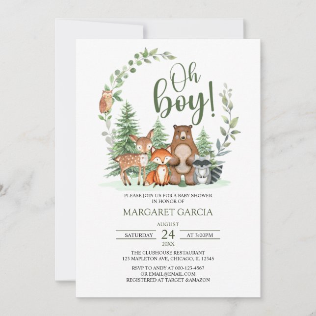 Invitación Selva Verde Oh Boy Woodland Animals Baby Shower (Anverso)