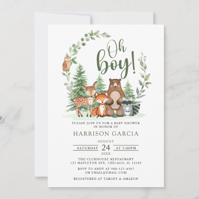 Invitación Selva Verde Oh Boy Woodland Animals Baby Shower (Anverso)