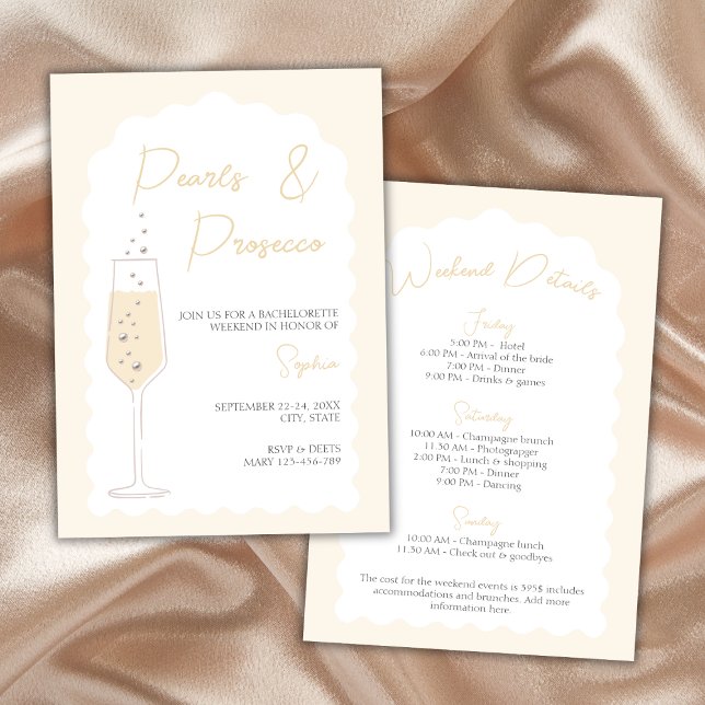 Invitación Semana de Bachelorette de Pearls & Prosecco Wavy A (Pearls & Prosecco Wavy Arch Bachelorette Weekend Invitation)