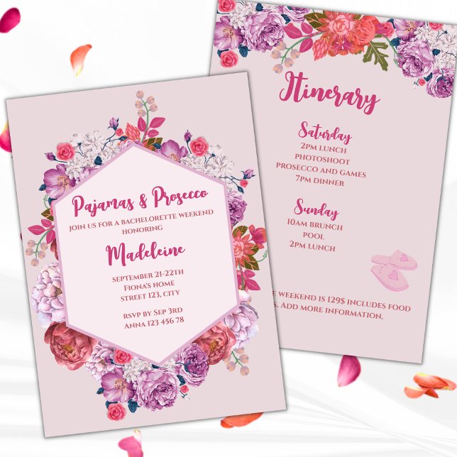 Invitación Semana De La Bachelorette Floral De Pajamas Y Pros (pajamas and prosecco pj's and prosecco bachelorette party invitation weekend itinerary floral pink)