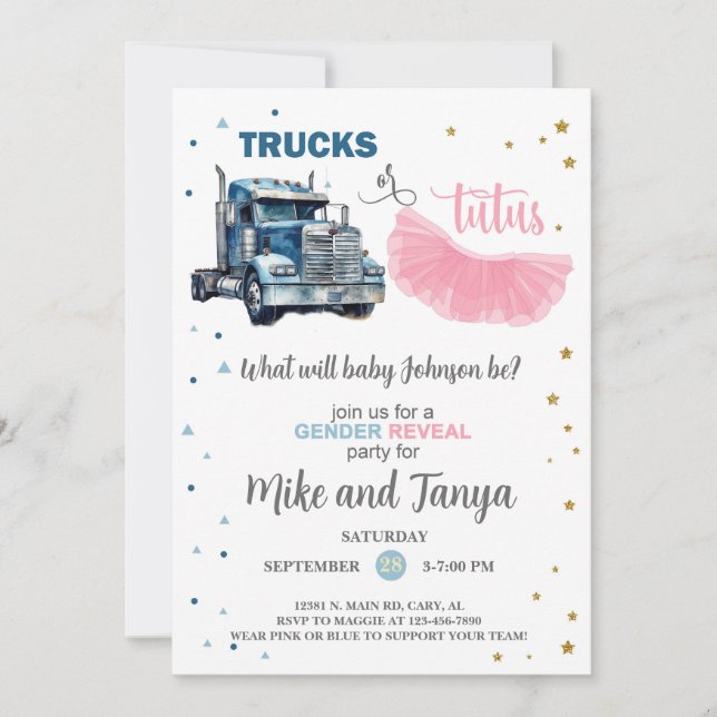 Invitación Semi Trucks or Tutus gender reveal invitation. (Anverso)
