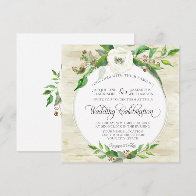 Invitación Semilla cuadrada de hojas de bosque madera BOHO ot (Anverso / Reverso)