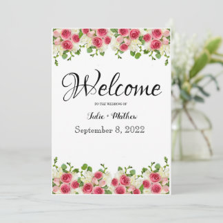 Invitación Señal de bienvenida de boda floral rosa