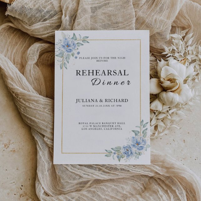 Invitación Señal de cena de ensayo de boda azul por la noche, (Blue Wedding Rehearsal Dinner Sign Night, Invitation)