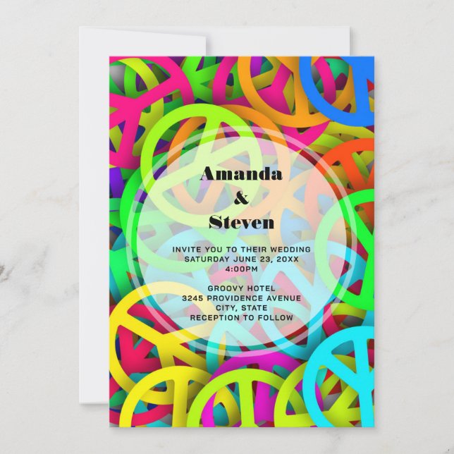 Invitación Señales de Paz Groovy Patrón de Arcoíris Boda (Anverso)