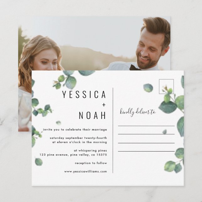 invitación sencilla a la acuarela Eucalyptus Boda  (Anverso / Reverso)
