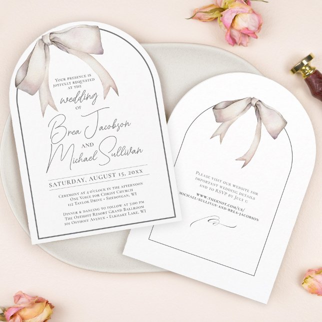Invitación Sencilla acuarela Bow Elegante Boda de arco modern (Beautiful, soft, elegant, simple floppy white bow coquette aesthetic arch shape wedding invitation)