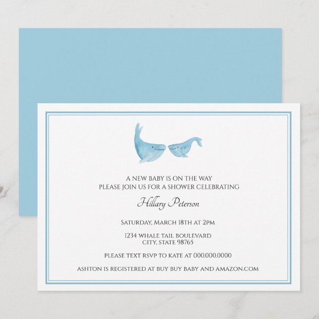 Invitación Sencilla acuarela clásica Whale Blue baby Shower (Anverso / Reverso)