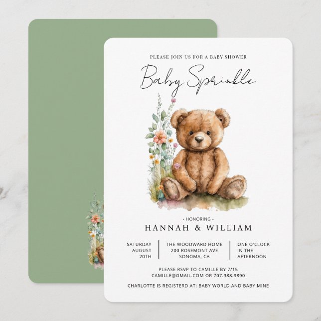 Invitación Sencilla acuarela Pequeño Oso de Teddy Bebé Espolv (Anverso / Reverso)