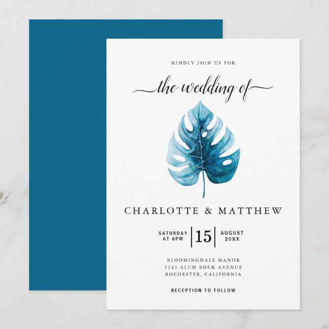Invitación Sencilla acuarela tropical Monstera Boda de hojas (Anverso / Reverso)