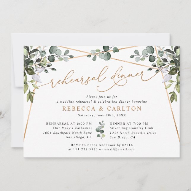 Invitación Sencilla acuarela Verdor Dorado Cena (Anverso)