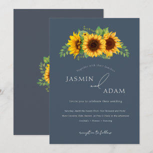 Invitación Sencilla Boda Boho de Girasoles Azul Real