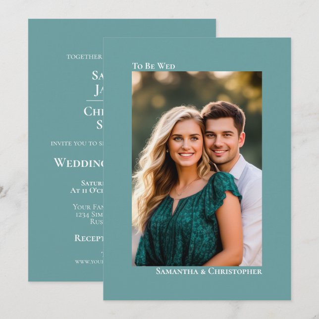 Invitación Sencilla Boda de Foto Vertical Teal Minimalista (Anverso / Reverso)