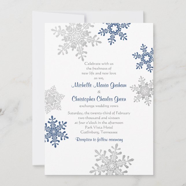 Invitación Sencilla boda de invierno con copos de nieve Blue  (Anverso)