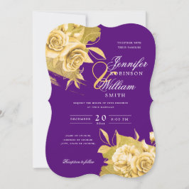 Invitación Sencilla Boda Elegante Dorada Floral y Relieve met