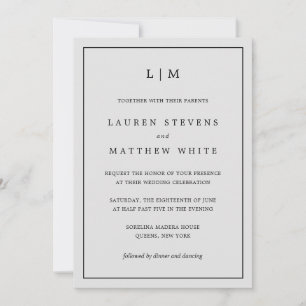 Invitación Sencilla Boda Elegante en Monograma Gris Claro