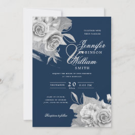 Invitación Sencilla Boda Elegante Plata Floral y Marina de Re
