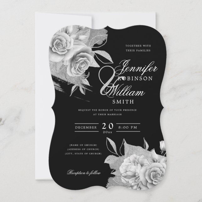 Invitación Sencilla Boda Elegante Plata Floral y Relieve meta (Anverso)