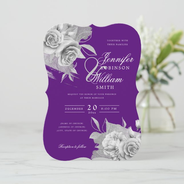 Invitación Sencilla Boda Elegante Plata Floral y Relieve meta (Anverso de pie)