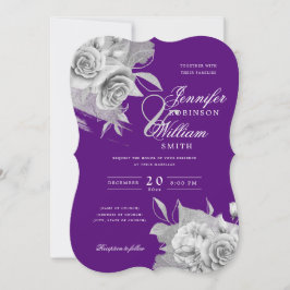 Invitación Sencilla Boda Elegante Plata Floral y Relieve meta