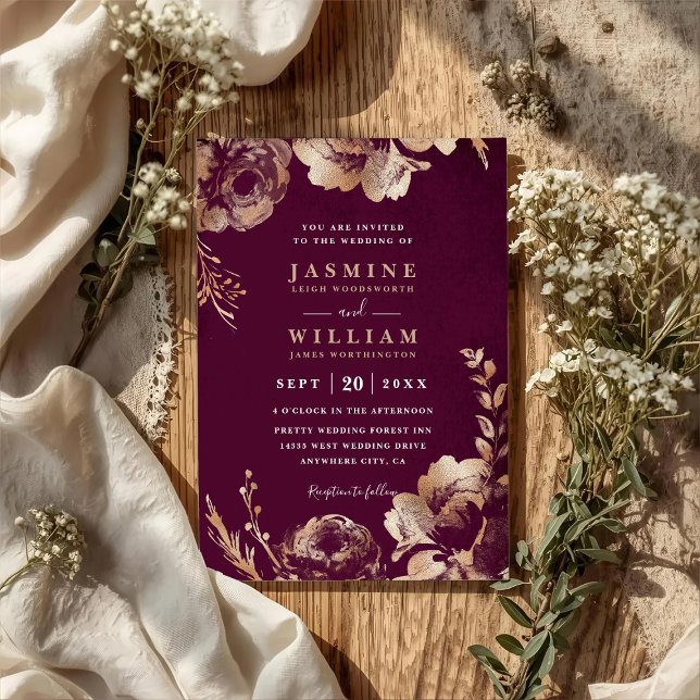 Invitación Sencilla boda floral código QR Burdeos rubor (Subido por el creador)