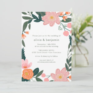 Invitación Sencilla Boda Floral de Jardín Trasero Verde Rosa