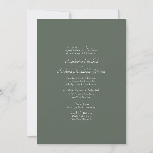 Invitación Sencilla Boda Formal de Iglesia Verde Profundo (Anverso)