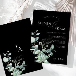 Invitación Sencilla Boda Monograma Verde de Eucalipto Negro